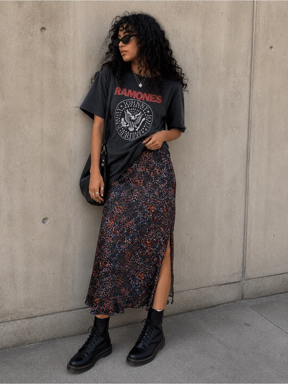 Time and Tru Black Multi Floral Maxi Slip Skirt with Side Slit